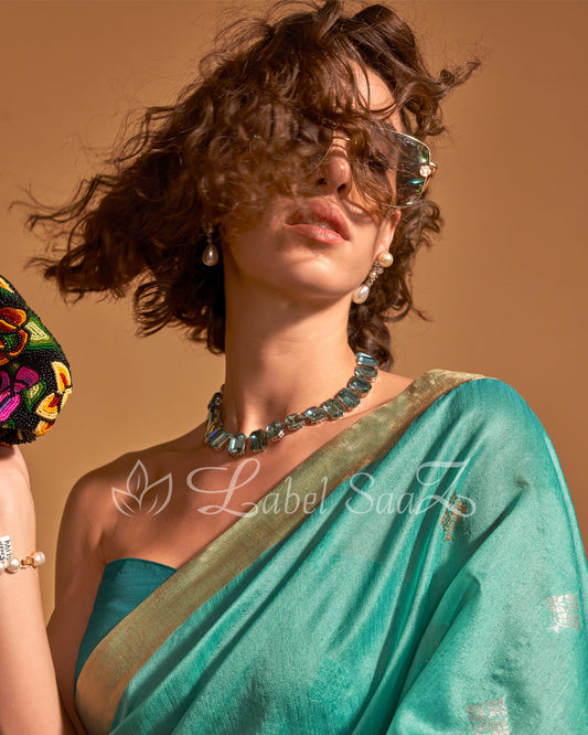 Sky Blue Handwoven Tussar Banarasi Saree With Emboridery on Pallu