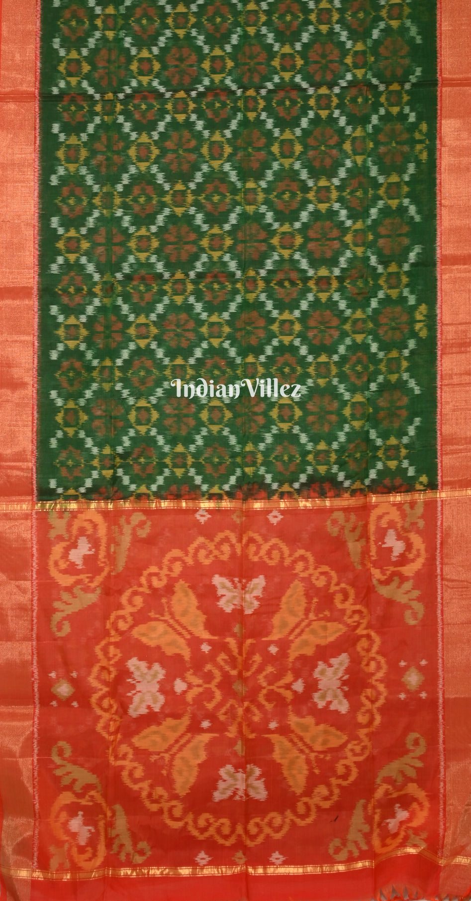 Bottle Green Red Pochampally Ikat Silk Cotton (Sico) Saree with Butterfly Pallu 