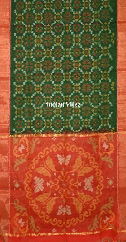 Bottle Green Red Pochampally Ikat Silk Cotton (Sico) Saree with Butterfly Pallu 