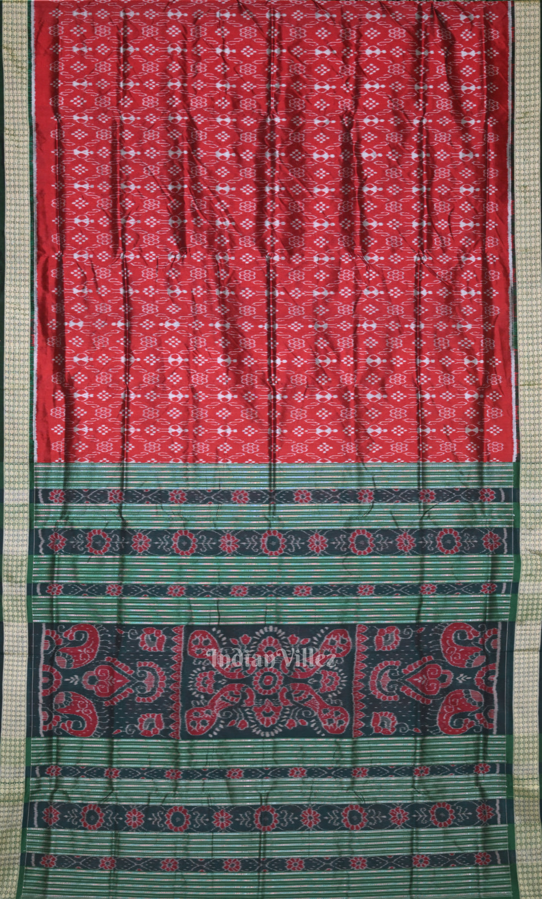Red Green Tribal Theme Odisha Ikat Sambalpuri Silk Saree 