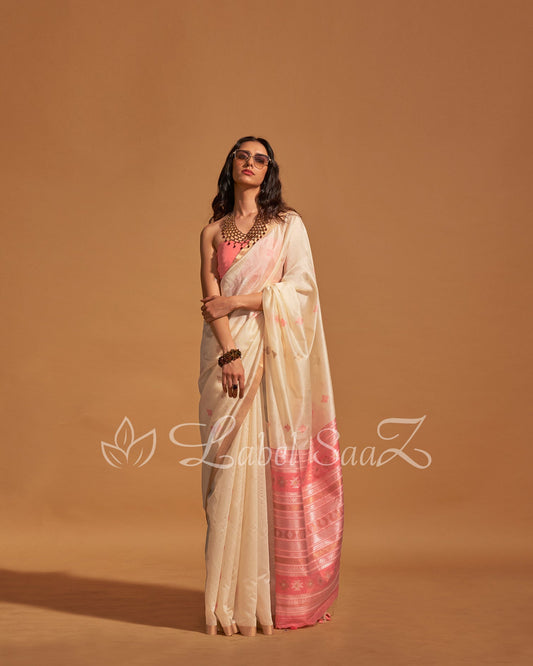 White Handwoven Tussar Banarasi Saree With Emboridery on Pallu