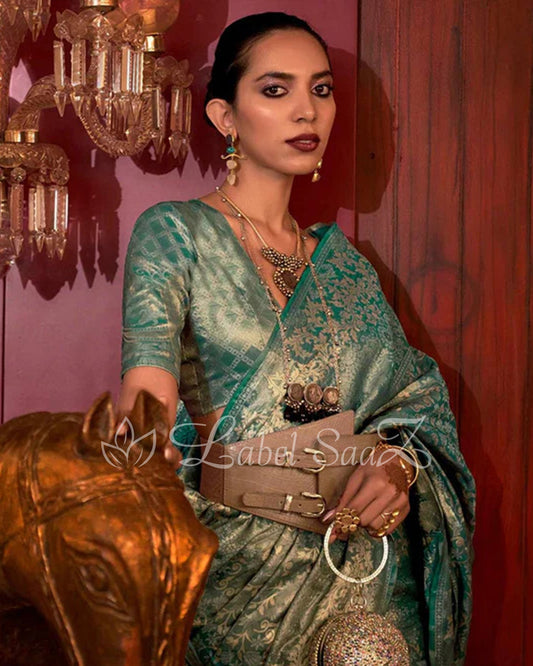 Turquoise Floral Zari Tissue Kanjivaram Silk Saree