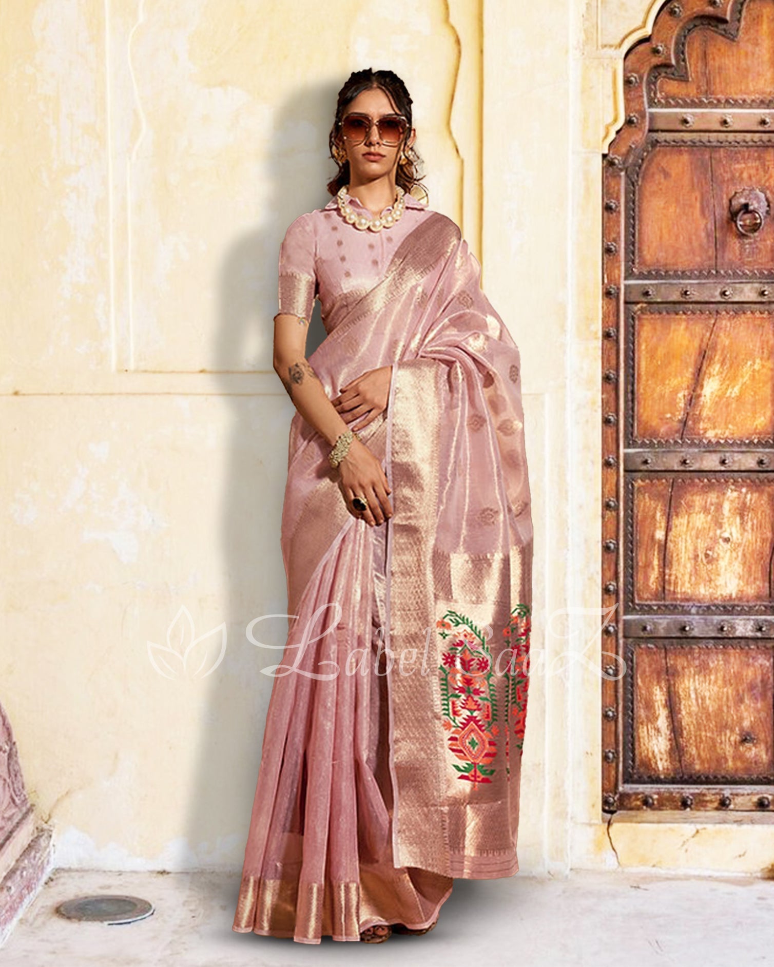 Light Pink Kora Tissue Handloom Saree With Paithani Pallu