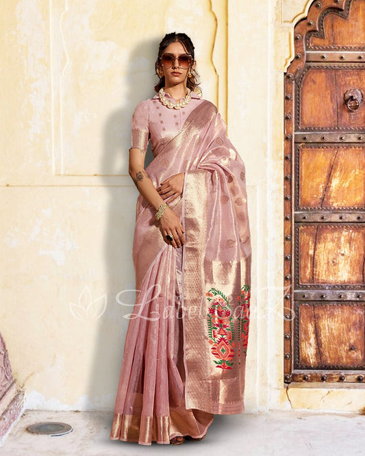 Light Pink Kora Tissue Handloom Saree With Paithani Pallu