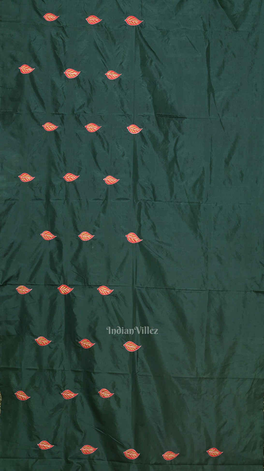 Dark Green Leaf Motif Pure Silk  Embroidery Saree