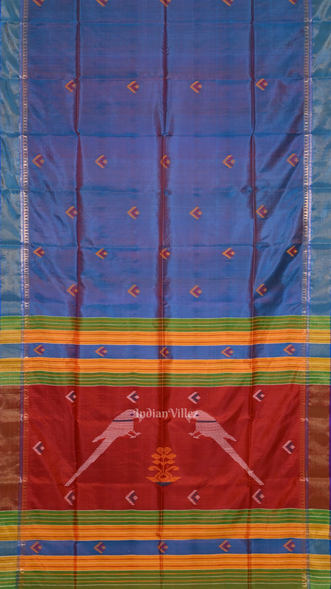 Ocean Blue Red Pure Bishnupuri Silk Saree