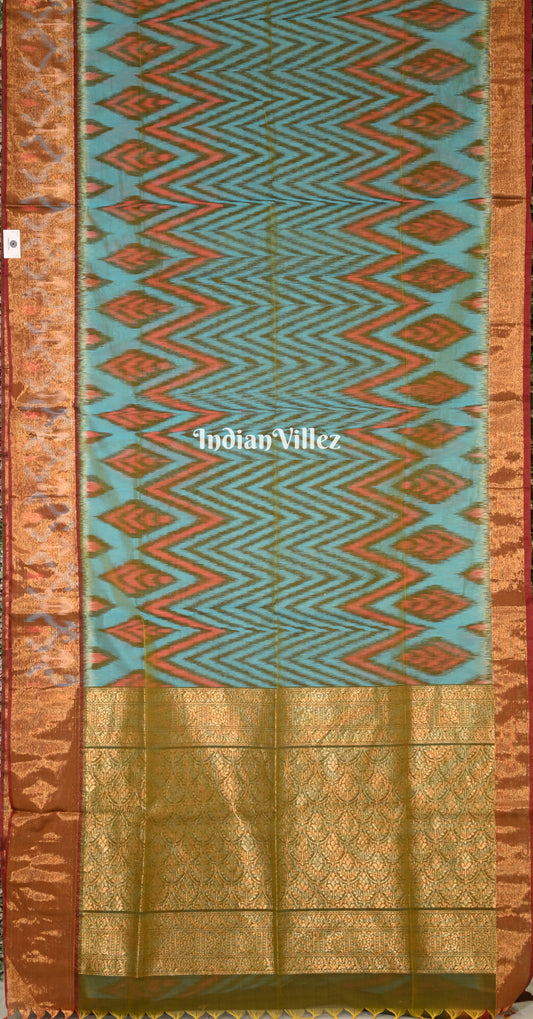 Teal Blue Olive Green Zig Zag Pochampally Ikat Silk Cotton (Sico) Saree

