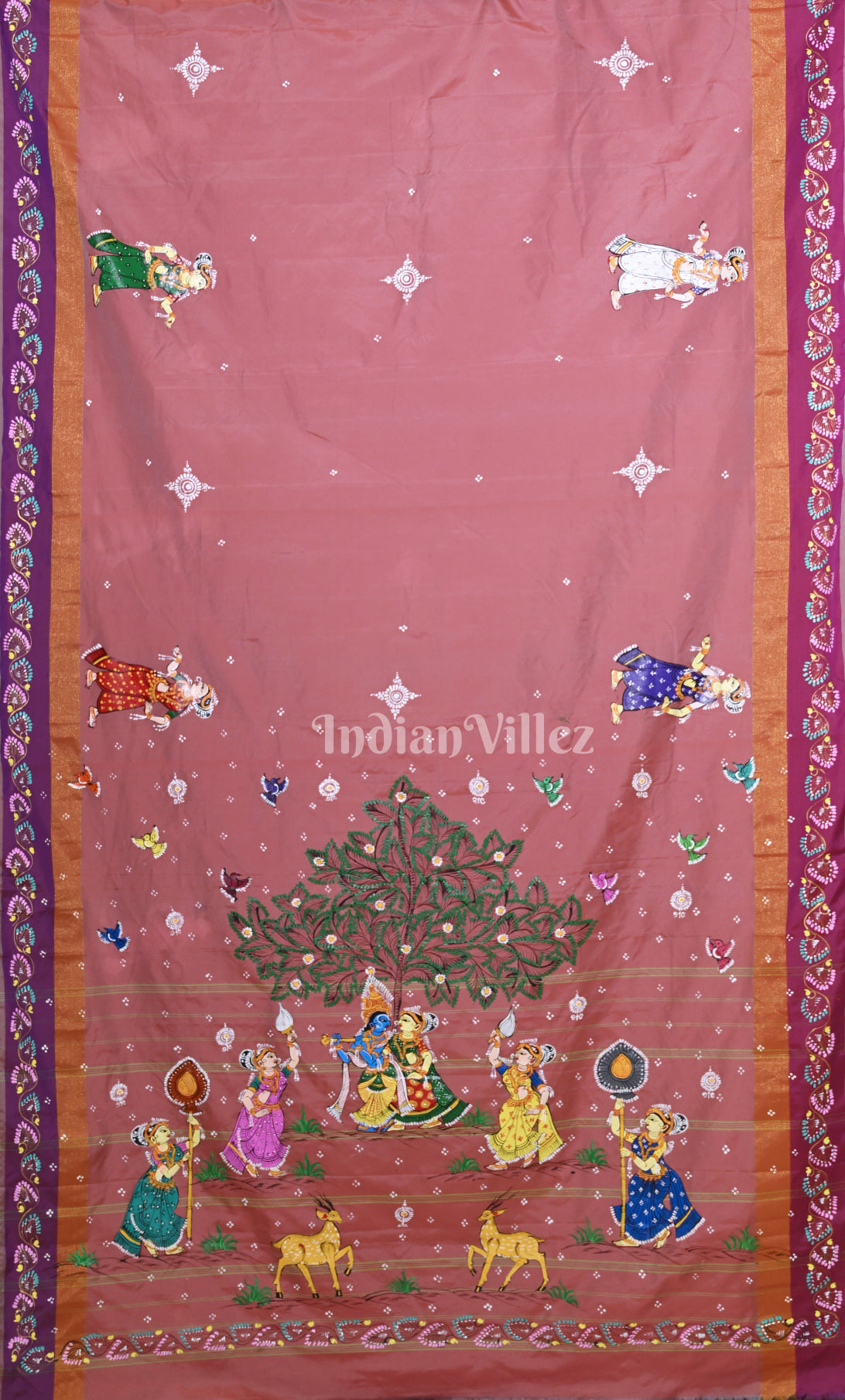 Mauve Pink Krishna Rasa Leela Hand-Painted Pattachitra Saree
