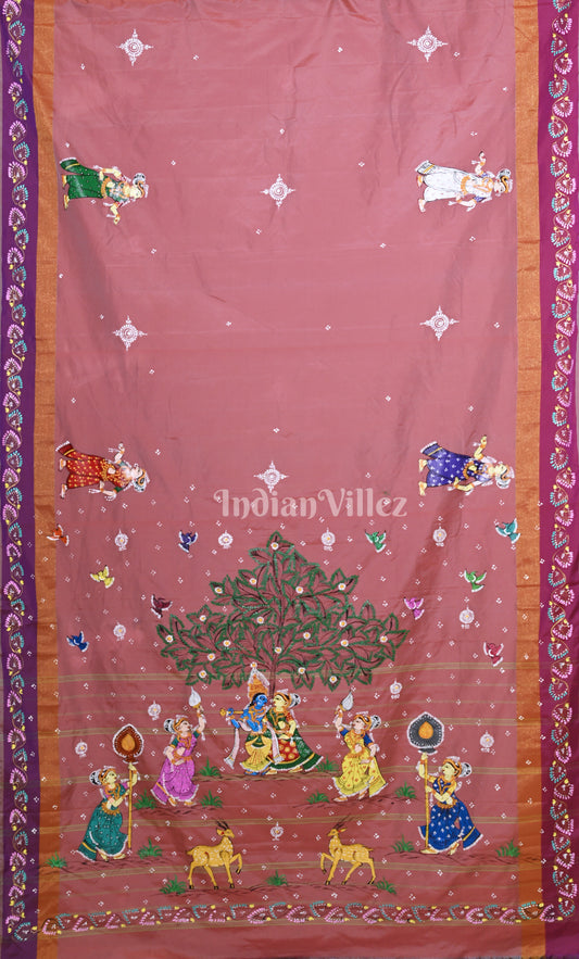 Mauve Pink Krishna Rasa Leela Hand-Painted Pattachitra Saree