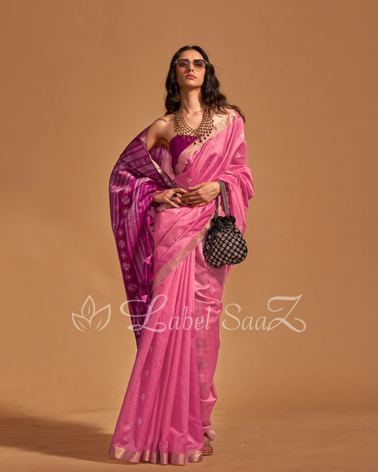 Pink Handwoven Tussar Banarasi Saree With Emboridery on Pallu