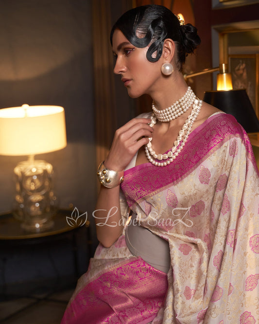 White Pure Chaap Handloom Weaving Silk Saree