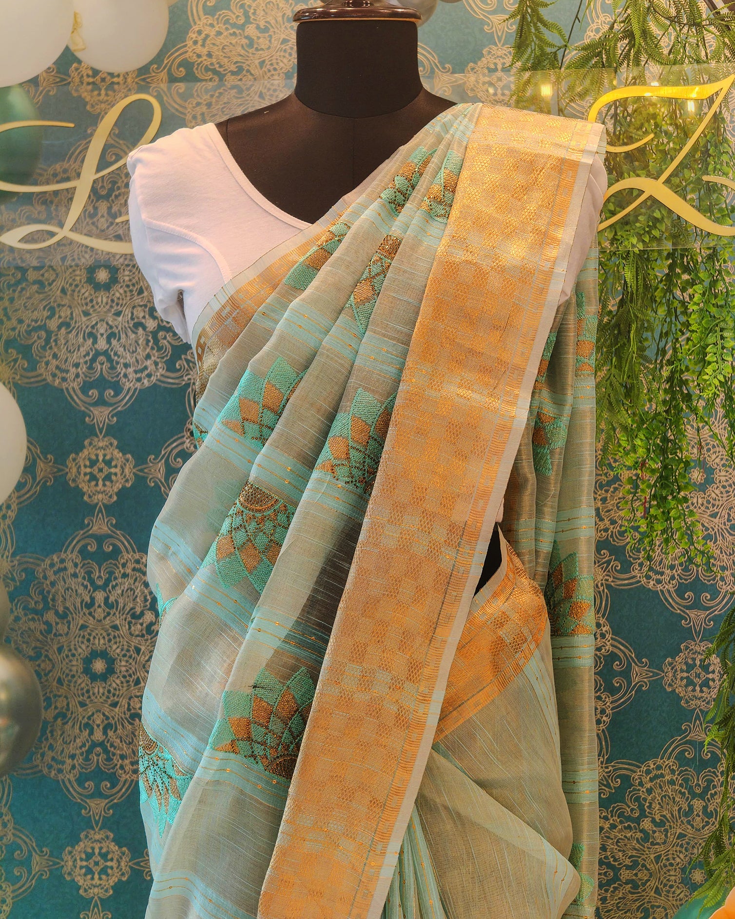 Sky Yellow Floral Linen Tissue Saree with Sequence Work 