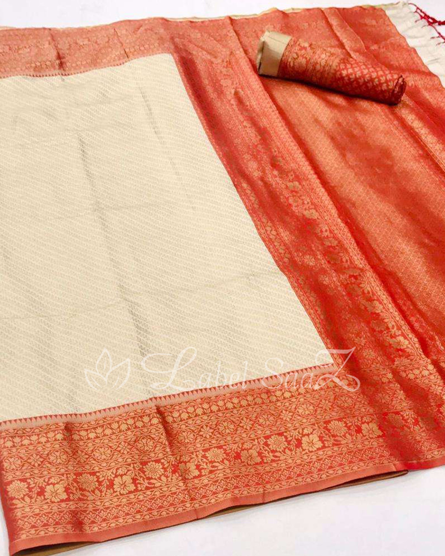 Off-White Red  Pure Tissue Kanjivaram Silk Saree