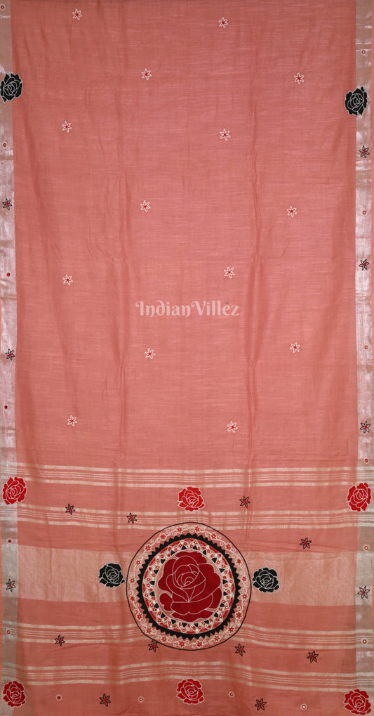 Peach Pink Hand Embroidered Applique Work Saree