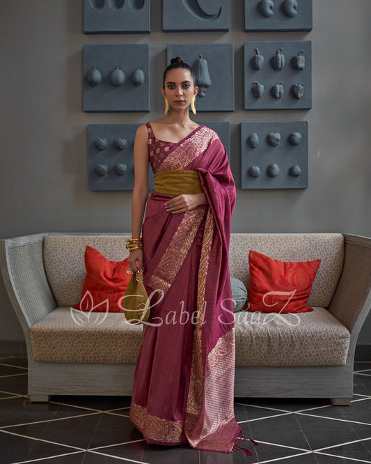 Cherry Red Handwoven Tussar Banarasi Saree with Copper Zari