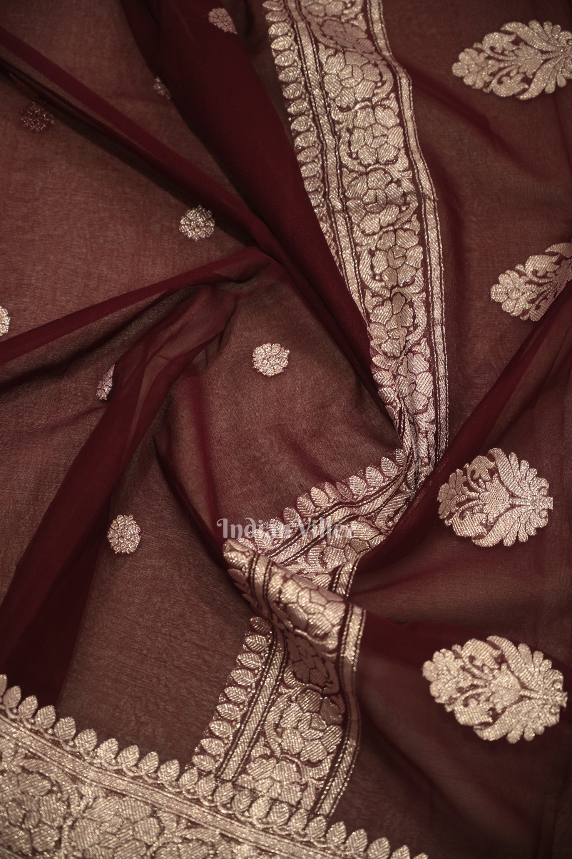 Wine Purple Pure Khaddi Chiffon Banarasi Saree