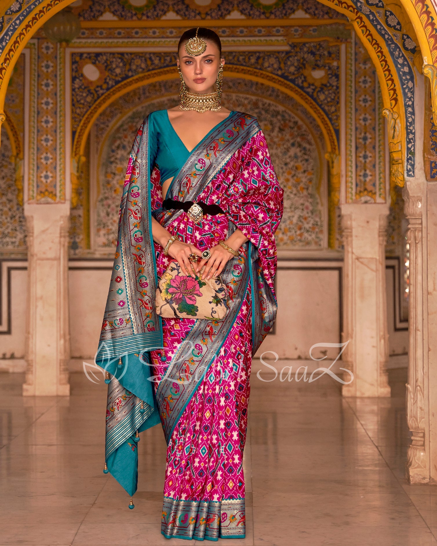 Pink Blue Patola inspired  Pochampally with Paithani Border and Pallu 