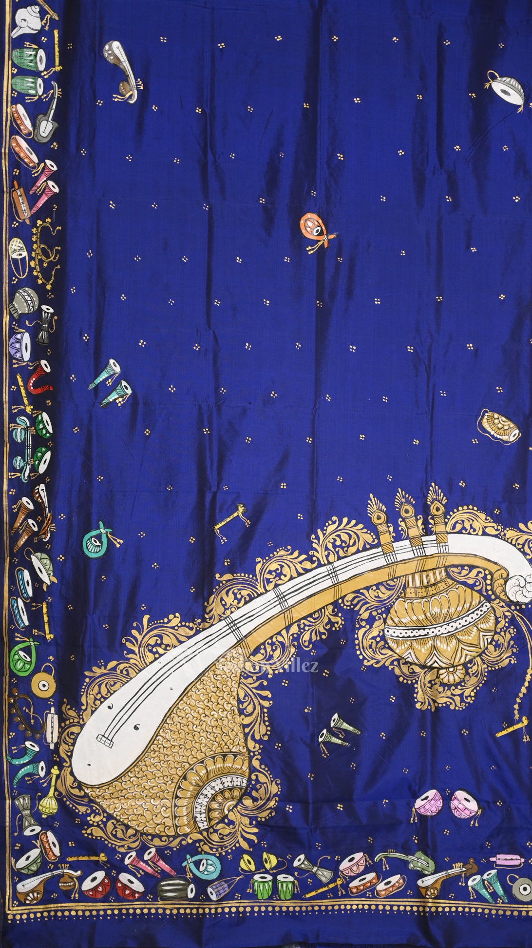 Blue Sitar Instrument Hand-Painted Pattachitra Saree 