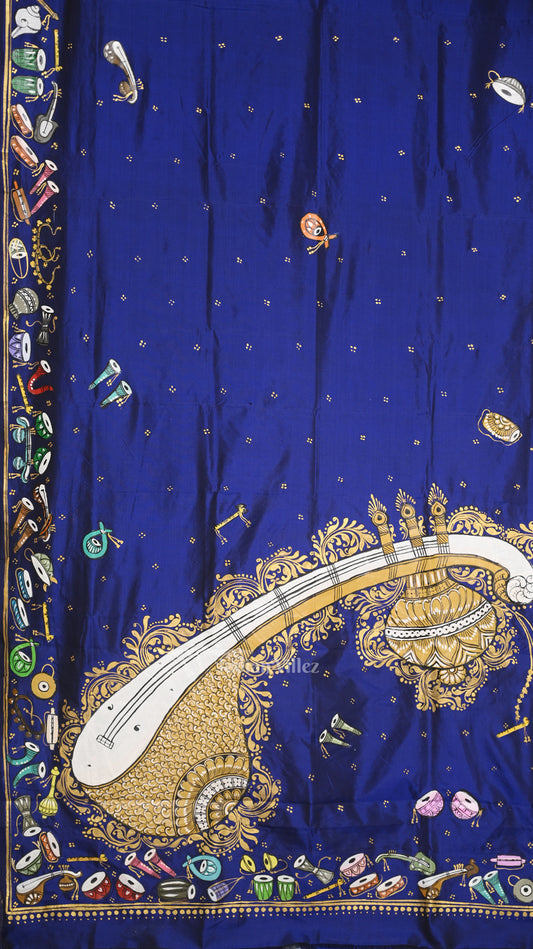 Blue Sitar Instrument Hand-Painted Pattachitra Saree 