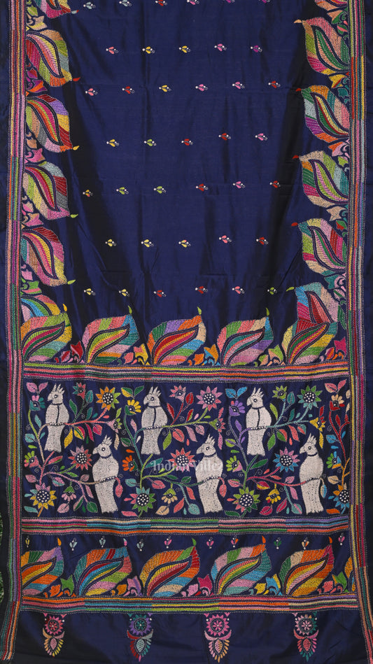 Royal Blue Handwoven Kantha Stitch Silk Saree