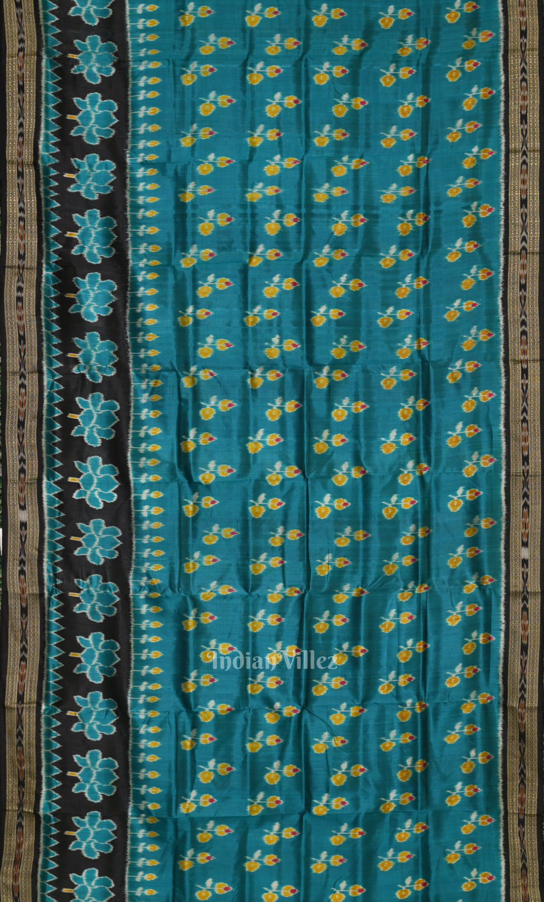 Sea Green Black Lotus Kadha Motif Odisha Ikat Khandua Silk Saree 