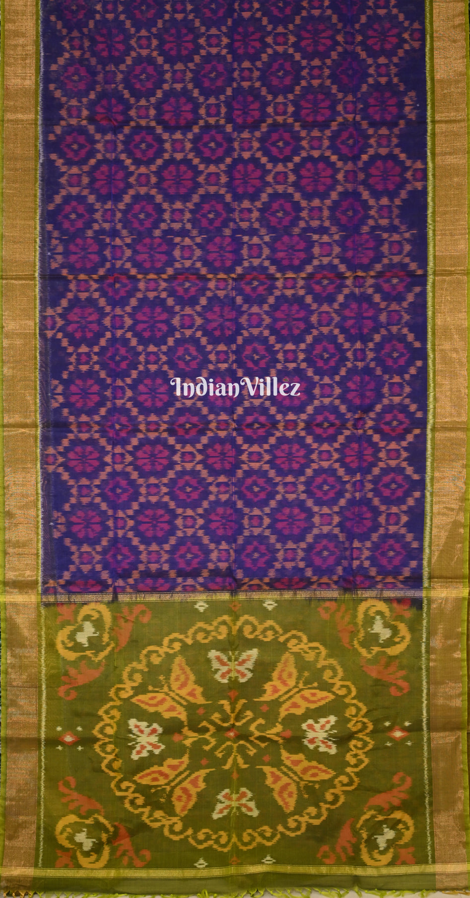 Navy Blue Mehendi Green Pochampally Ikat Silk Cotton (Sico) Saree