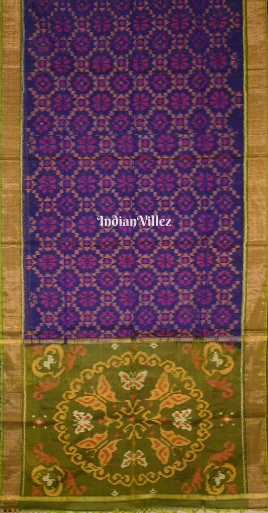 Navy Blue Mehendi Green Pochampally Ikat Silk Cotton (Sico) Saree