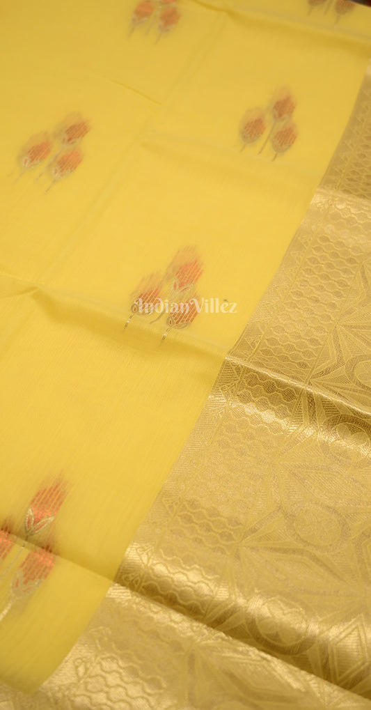 yellow Golden Handwoven Linen Saree