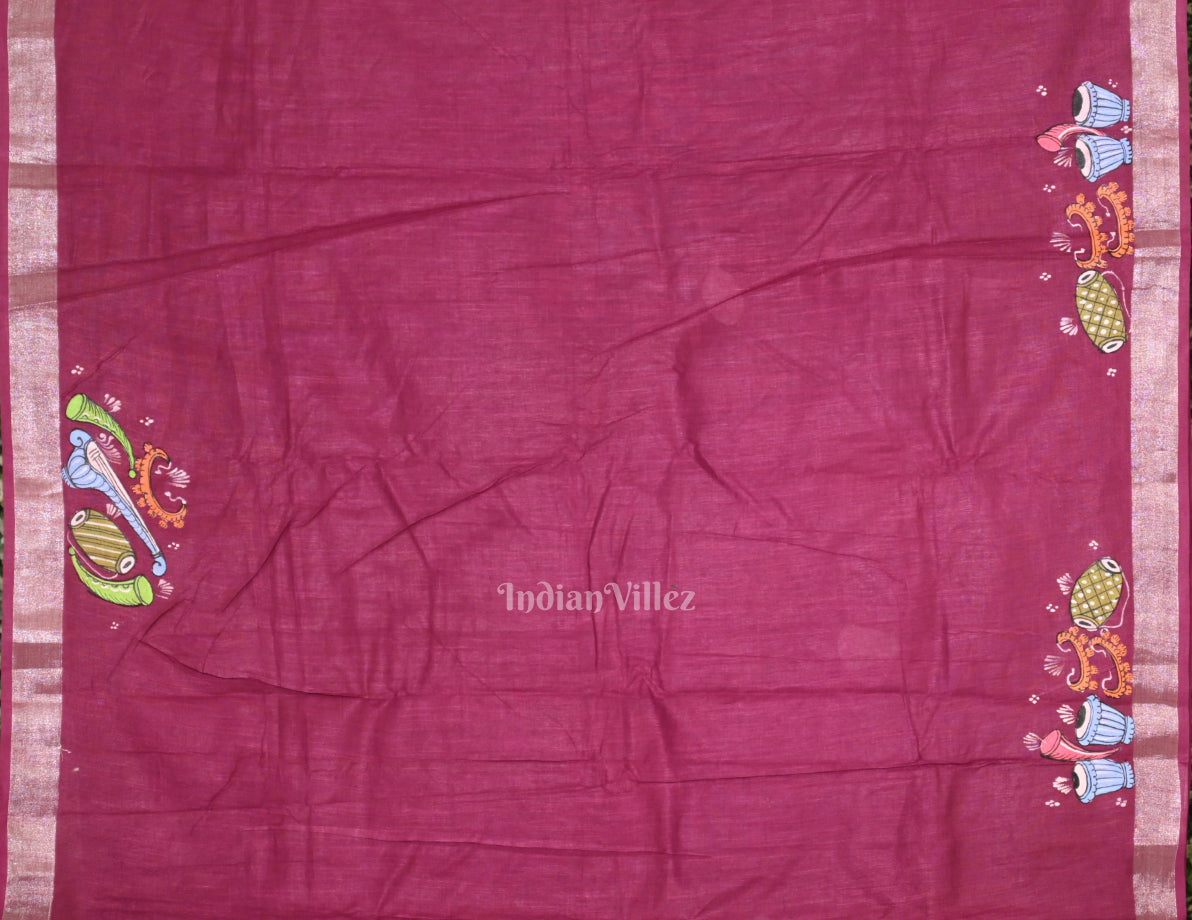 Rani Pink Musical Theme Hand-Painted Pattachitra Saree 