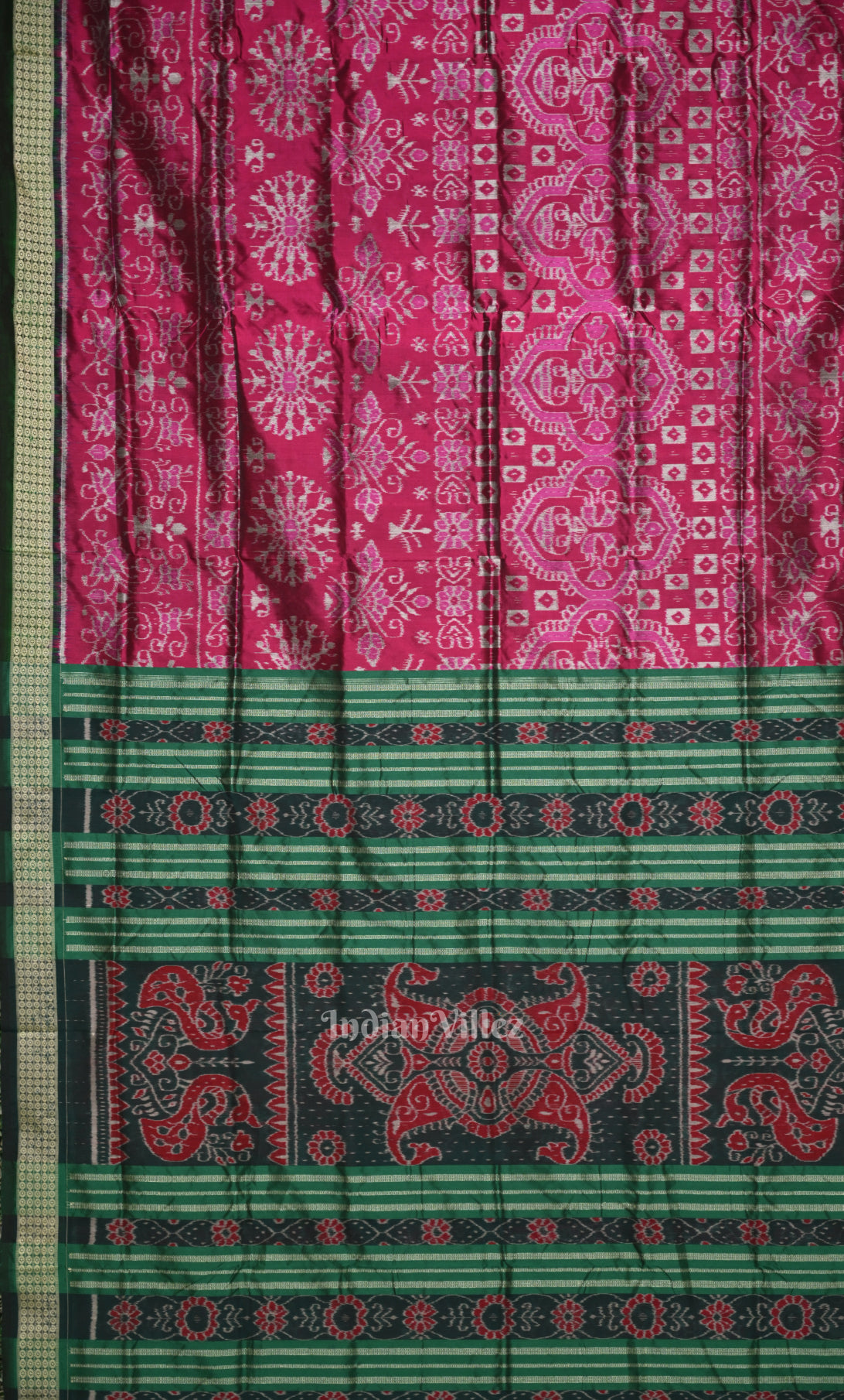 Magenta Pink Green Tribal Jhoti Theme Odisha Ikat Sambalpuri Silk Saree 
