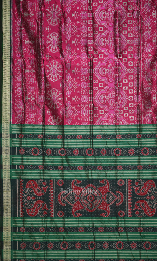 Magenta Pink Green Tribal Jhoti Theme Odisha Ikat Sambalpuri Silk Saree 