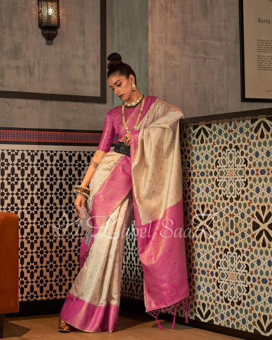 Pink & Chan Pure Zari Base Chaap Hand Woven Kanjivaram Silk Saree