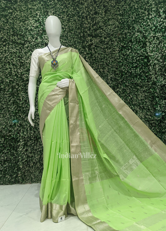 Parrot Green Pure Silk Cotton Maheswari Saree