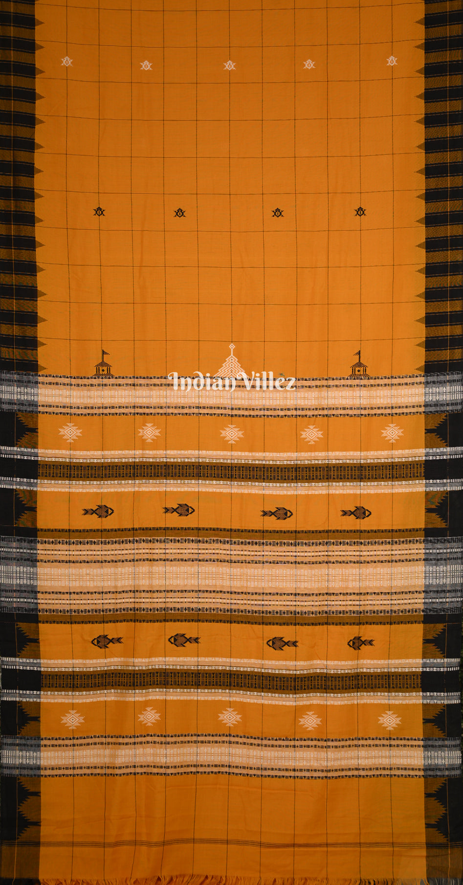 Mustard Yellow Black Odisha Handloom Natural Dye Kotpad Cotton Saree 