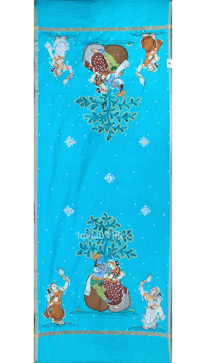 Aqua Blue Krishna Raasleela Pattachitra Chanderi Dupatta
