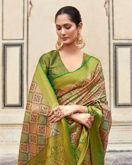Yellow Green Multi Color Pure Brocade Tissue Kanjivaram Saree