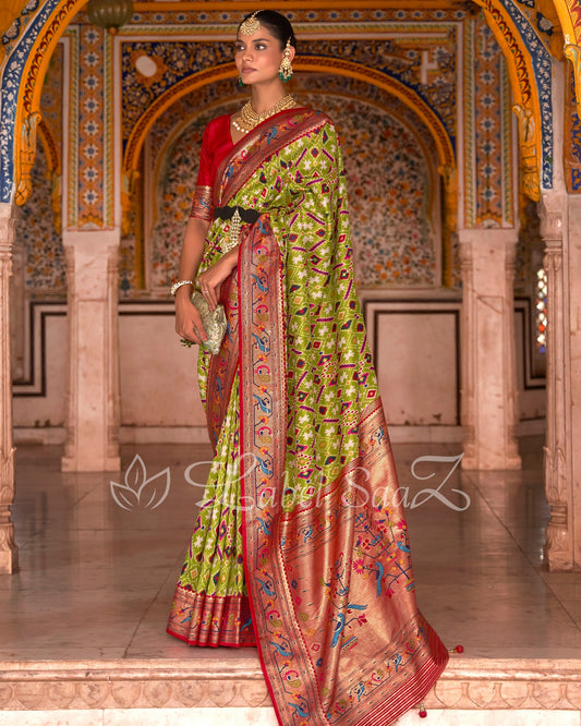 Olive Green Red Patola inspired  Pochampally with Paithani Border and Pallu