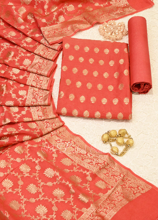 Peach Pink Zariwork Brocade Banarasi Unstitched Salwar Suit