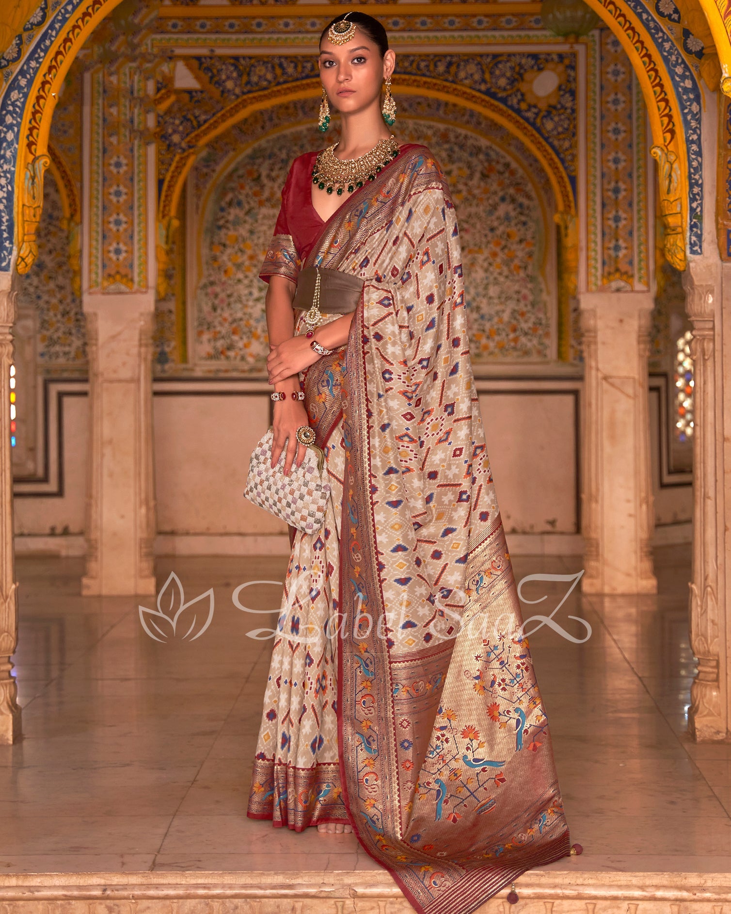 Beige Brown Patola inspired Pochampally with Paithani Border and Pallu