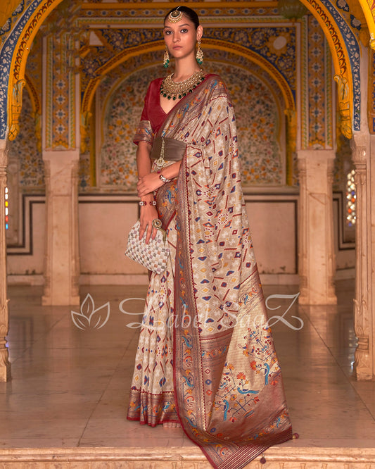 Beige Brown Patola inspired Pochampally with Paithani Border and Pallu