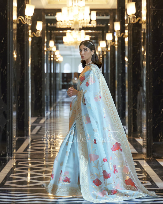 Sky Blue Floral Handwoven Linen Saree