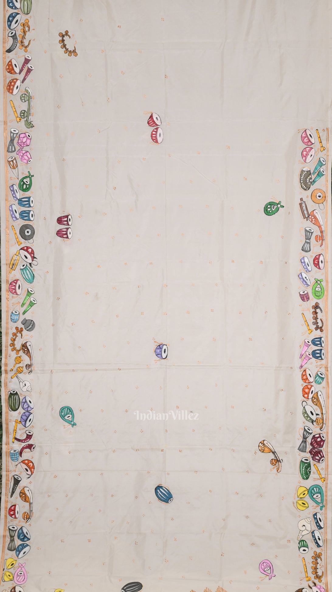 White Sitar Instrument Pattachitra Art Pure Silk Saree