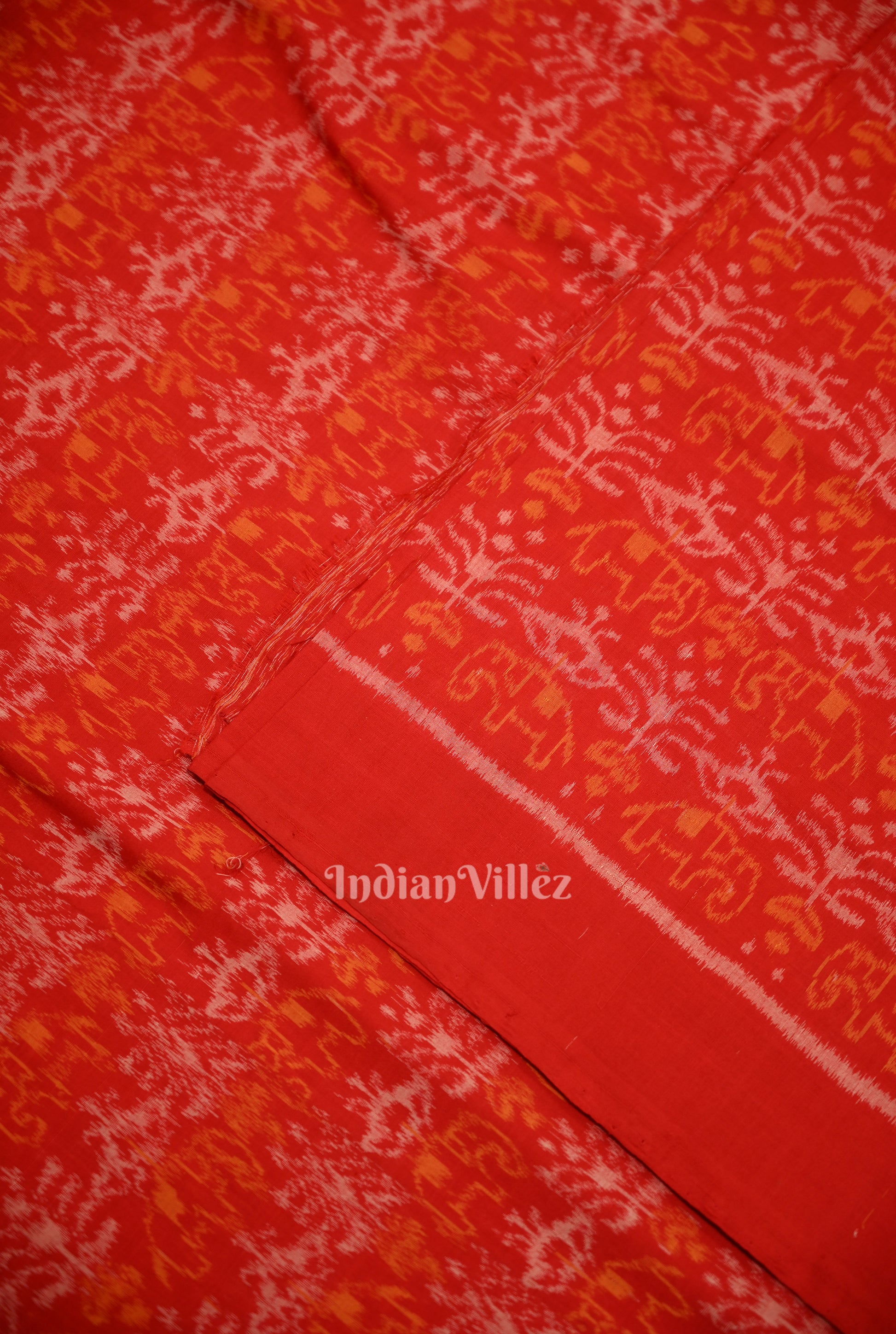 Deep Red Tribal Theme Sambalpuri Ikat Cotton Fabric 