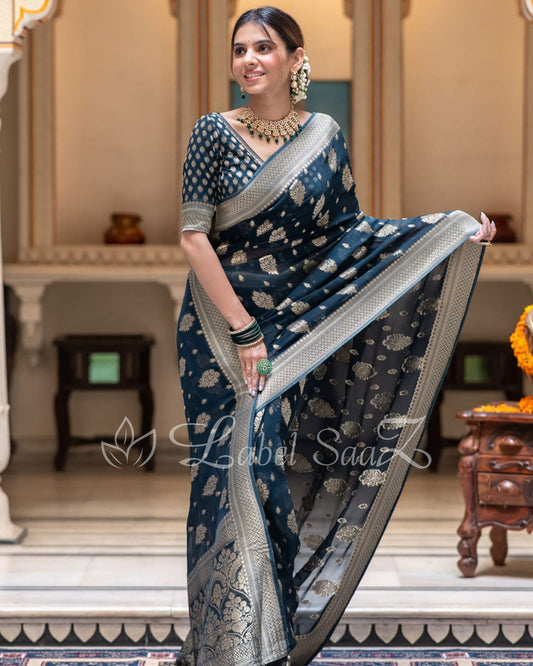 Dark Blue Handwoven Georgette Banarasi Saree