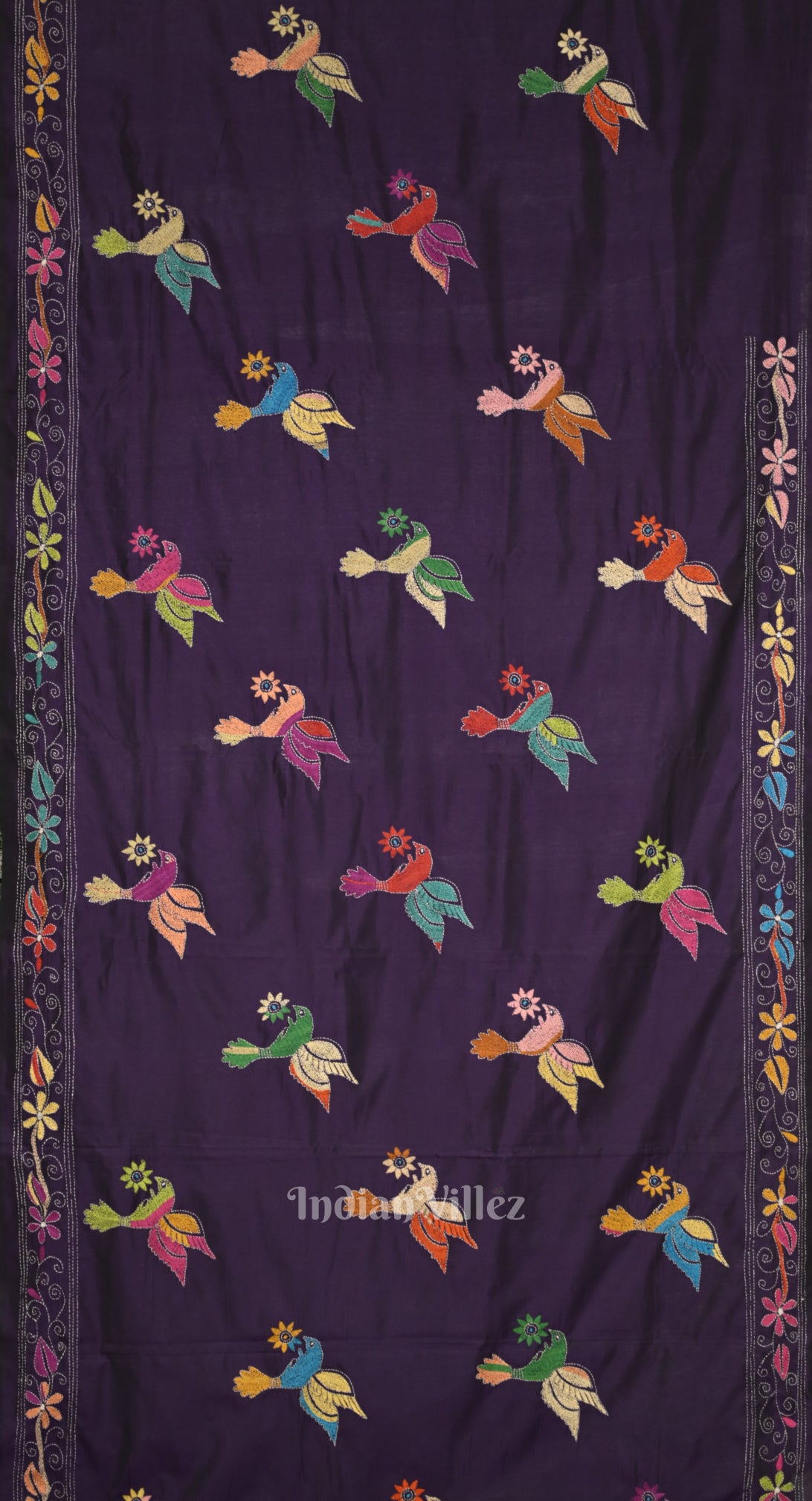 Dark Purple Handwoven Kantha Stitch Silk Saree 