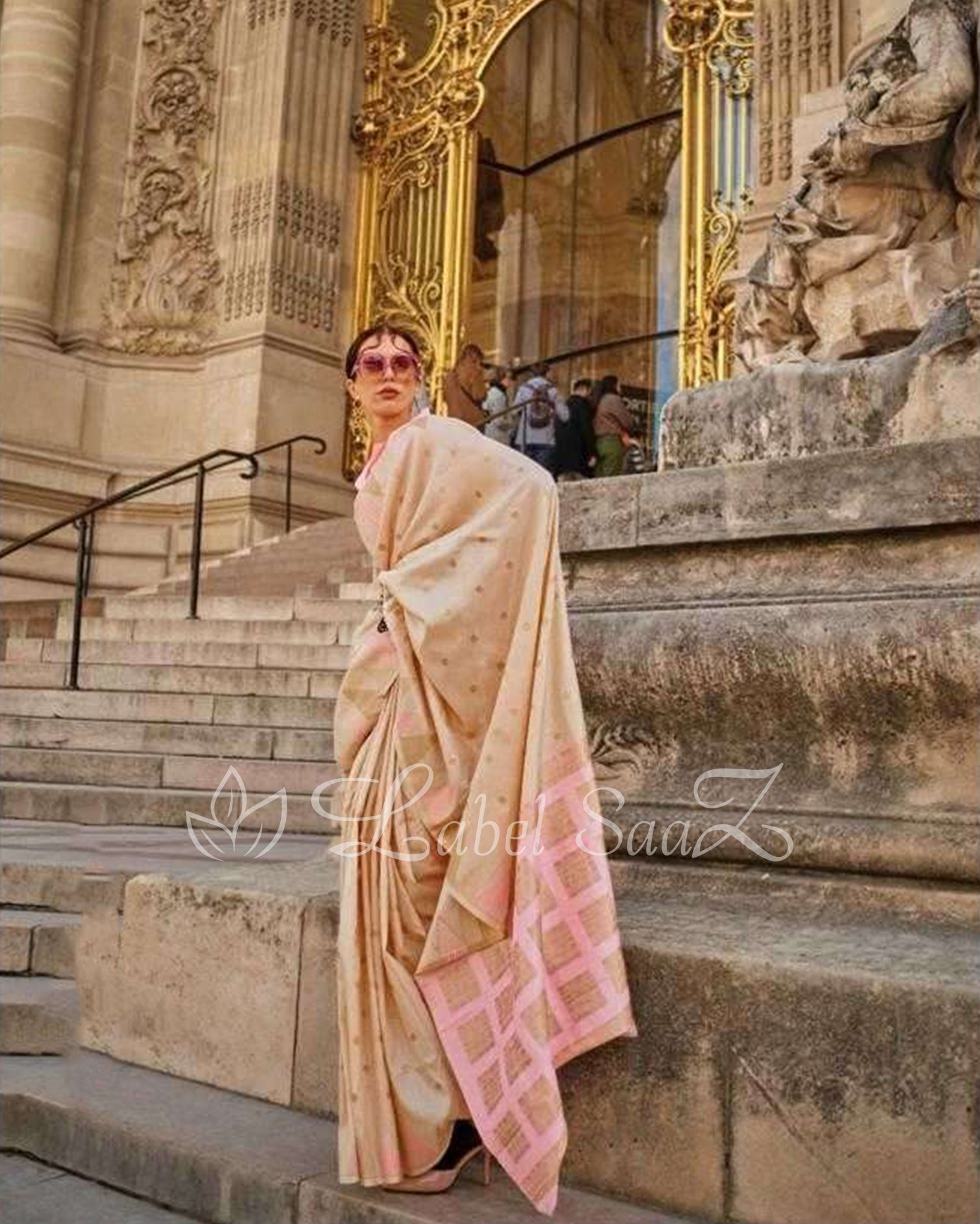 Light Cream Pink South Tussar Silk Saree