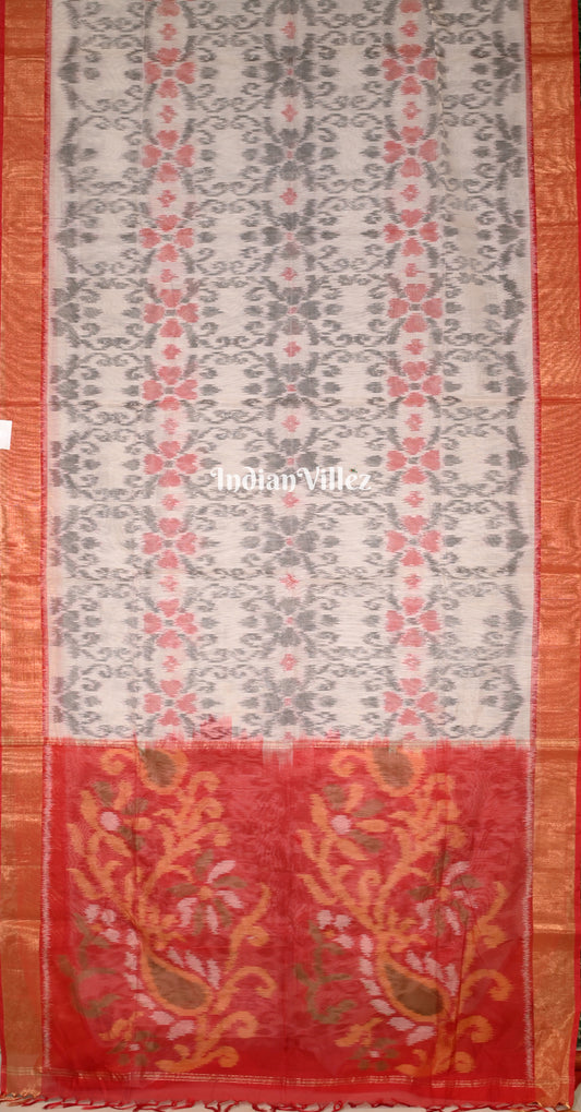 Off White Red Pochampally Ikat Silk Cotton (Sico) Saree with Floral Pallu