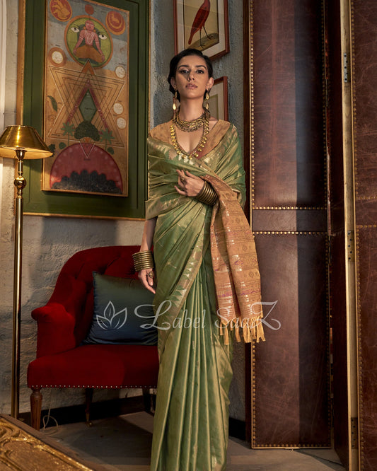 Green Tussar Silk Handloom Weaving Saree