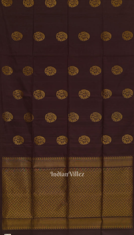 Black Coffee With Golden Floral Motif Pure Kanjivaram Soft Silk Saree