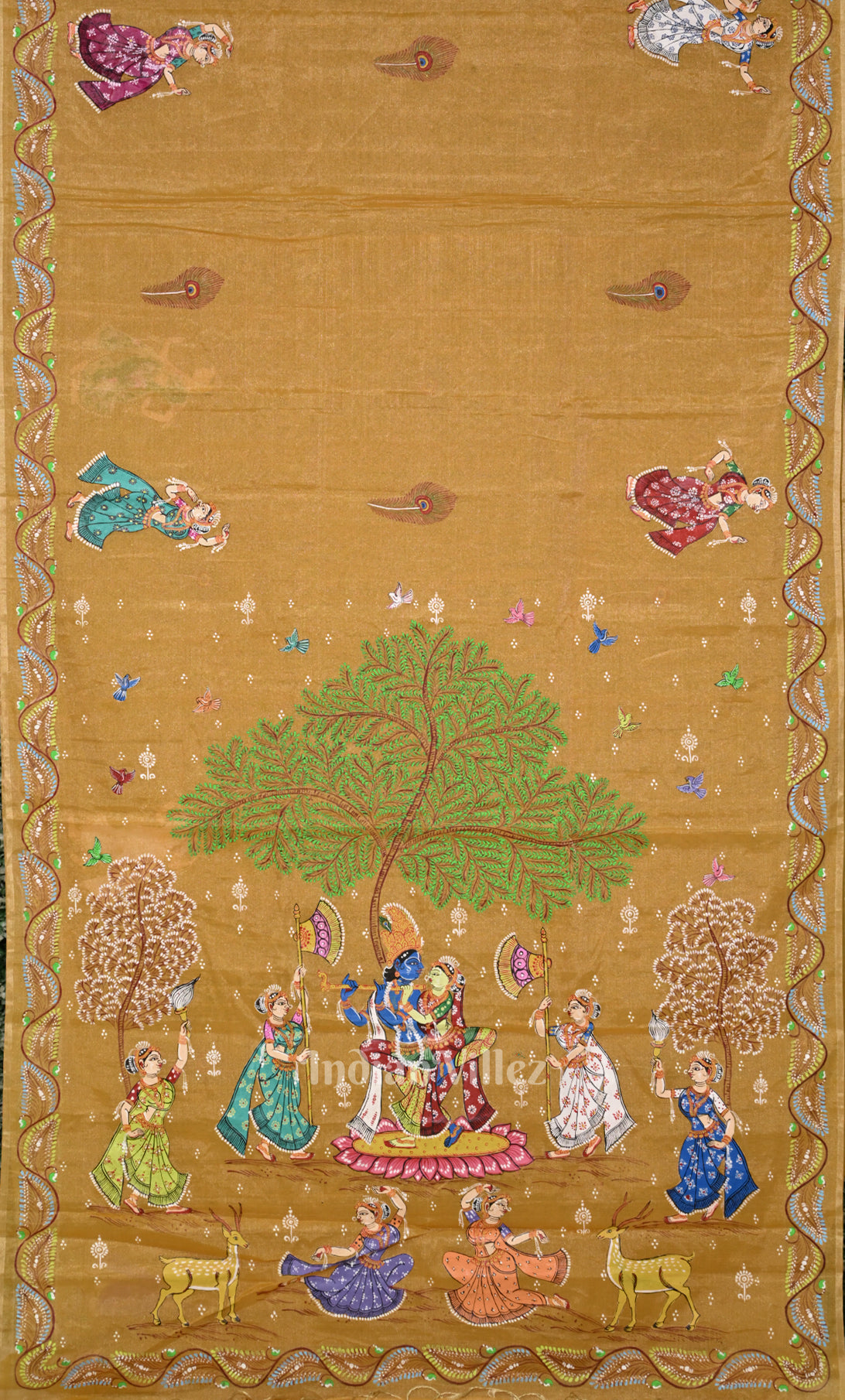 Mustard Yellow Krishna Rasa Leela Hand-Painted Pattachitra Saree 